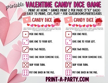 Valentine's Day Candy Dice Game, Printable PDF for parties and fun