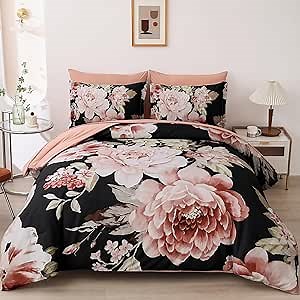 Floral Comforter Set King Size 7 Pieces Black Pink Floral Bed in a Bag, Complete Bedding Sets Elegant Flower Bed Set Comforter for All Season with Flat Sheet, Fitted Sheet, Pillowcases & Shams