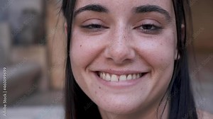 Beautiful smiling woman confident young lady with pretty face looking at camera posing outside, happy millennial white girl ethnicity girl student professional close up front portrait