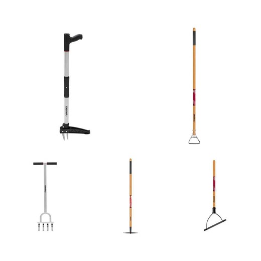 Husky 40 in. Claw Weeder, 54 in. Wood Handle Hoe, 41 in. Lawn Aerator, 51 in. 2-Prong Hoe & 30 in. Double Blade Weeder Combo - The Home Depot