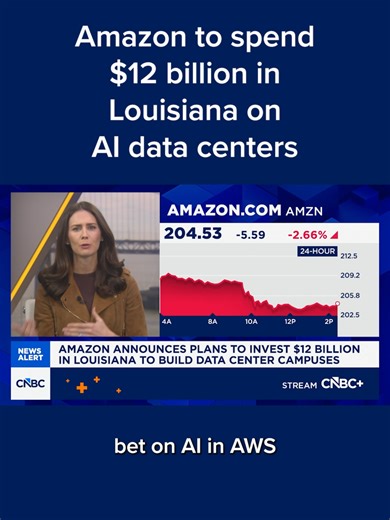 Amazon said Monday it plans to spend $12 billion on new data center campuses in Louisiana and the infrastructure to power artificial intelligence and cloud computing. Full details at the #linkinbio or the link on screen. #CNBC