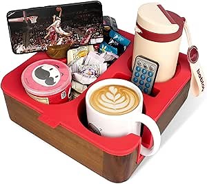 Couch Cup Holder Tray, Real Acacia Wooden Caddy with Soft Silicone, Snack and Drink Organizer- Perfect Movie Night Accessories for Bed, Remote and Cup Holders for Sofa (Black)