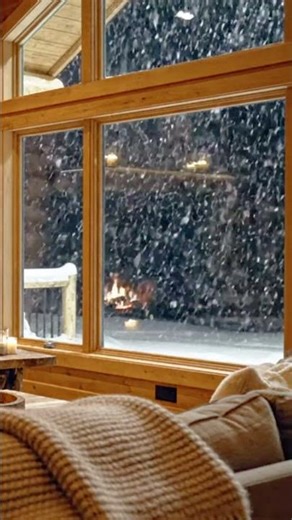 Snow Falling Outside a Cozy Cabin Window ❄️