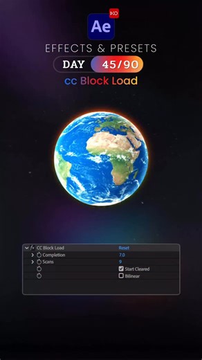 Day 45/90 – CC Block Load Effect 🦋 Today is Day 45 of our 90 Days After Effects Challenge, and we’re exploring CC Block Load, a transition effect that reveals your layer in blocky squares — perfect for digital wipes, pixel transitions, and modern motion graphics. ✨ What is CC Block Load ? CC Block Load uncovers your layer piece by piece using square blocks. Great for glitchy digital reveals, mosaic-style intros, and stylized scene transitions. ✨ How to Use: - Select layer → Effect → Transition 