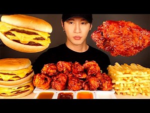 ASMR MUKBANG BBQ CHICKEN & TRIPLE CHEESEBURERS & GARLIC FRIES (No Talking) EATING SOUNDS | Zach Choi
