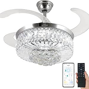 BAYSQUIRREL Retractable Crystal Ceiling Fan with Light, Remote and APP Control, 6 Speeds Reversible Blades, 3-Color LED Dimmable Chandelier Ceiling Fan with Color Temperature Memory 36W 42in