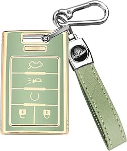 for Cadillac Key Fob Cover with Keychain, Gold Rimmed 5-Button Key Case for Escalade SRX CTS ATS XTS DTS STS 2008-2015, Green