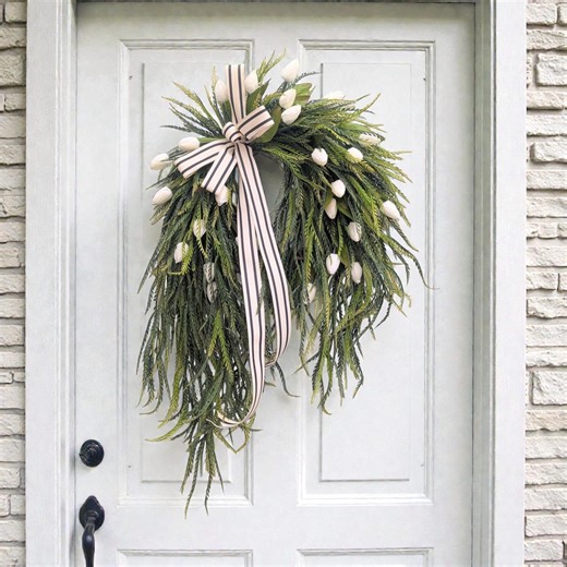 White Tulip Cascading Wreath, Farmhouse Spring Door Decor, Saw Grass Greenery, Bridal Shower Flower Gifts, Easter Wreath, - Etsy
