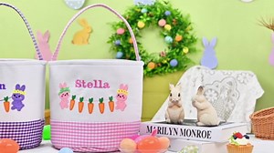 Kids Easter Basket, Personalized Easter Baskets for Boys and Girls - Purple Bunnies with Carrots