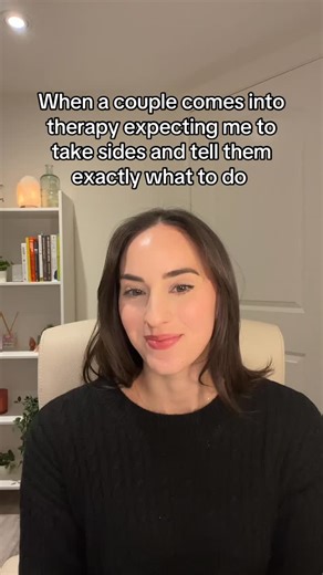 Sarah | Registered Psychotherapist (Qualifying) on Instagram: "This might actually be the exact opposite of what couples therapy is lol but many couples do come into therapy expecting the therapist to take sides or direct them on exactly what to do about a particular issue. The real focus of couples therapy is to identify the unhelpful patterns and cycles you get stuck in and help get you unstuck. In doing that, we teach you how to communinicate, get vulnerable, and build a secure bond 🤍 Couple