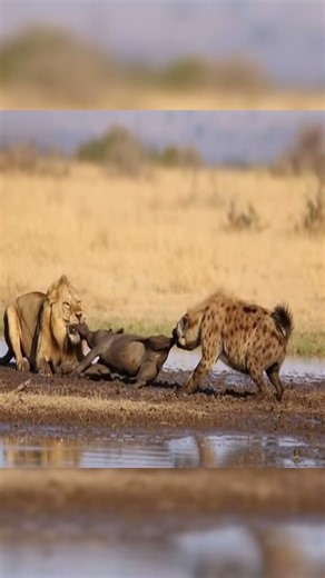 Fierce Predator Battle Breaks Out as Lion and Hyena Target a Warthog