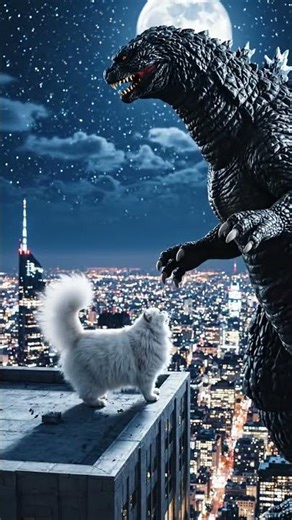 Cat fighting with godzilla