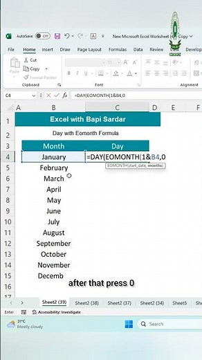 Day with Eomonth Formula in Excel || Excel tutorial | #exceltips #dayformula #shorts #eomonthformula