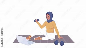 Animated female fitness blogger. Workout indoors. Full body flat person on white background with alpha channel transparency. Colorful cartoon style HD video footage of character for animation
