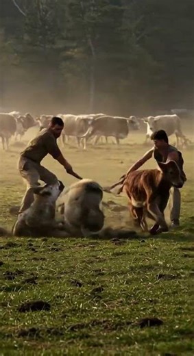 Shepherds Defend Calf from Wolves