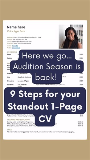 Audition Oracle | Opera Auditions on Instagram: "🎶 Opera auditions are competitive! Opera companies receive huge numbers of CVs for very few audition slots. 📝 Keep it to ONE page A focused CV lets your most relevant credits shine 🌟 and helps panels see the essentials at a glance 👀. ✨ Be concise Highlight what matters most, and let your singing do the rest 💫. 🎭 Tailor your CV With portfolio careers so common, adapt your CV for each strand of work. Combine them only when it makes sense for t