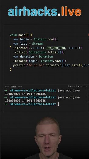 Performance: Collectors.toList() vs. Stream.toList() #java #shorts #coding #airhacks