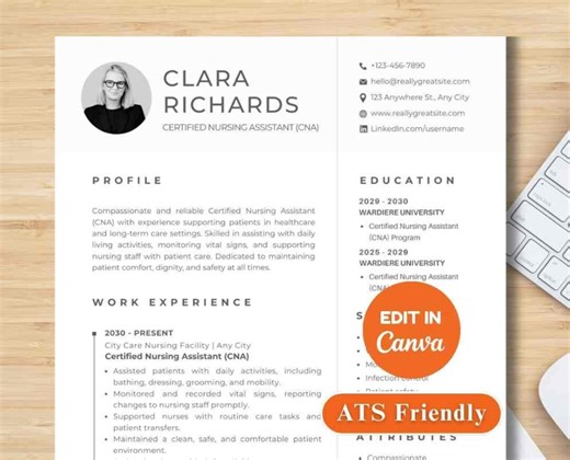 Certified Nursing Assistant Resume Template Canva With Cover Letter 1 Page CV   2 Page Resume CNA Job Application Minimalist Professional - Etsy