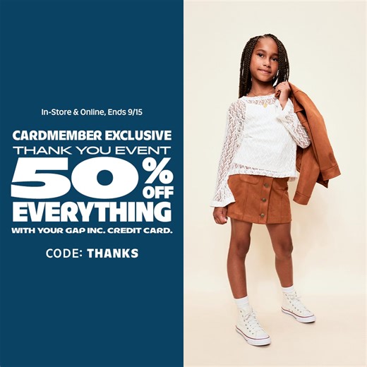 Cardmembers, take 50% off Everything ❤️ *Click "Shop Now" for details. Excludes Today’s Deals. | Old Navy