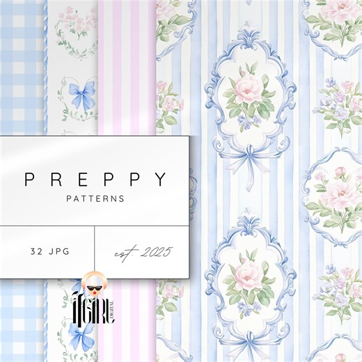 Blue Grandmillenial Patterns, Preppy Seamless Digital Paper, Watercolor Vintage Repeating Pattern, Coquette Bow Pattern, Grand Millenial - Etsy