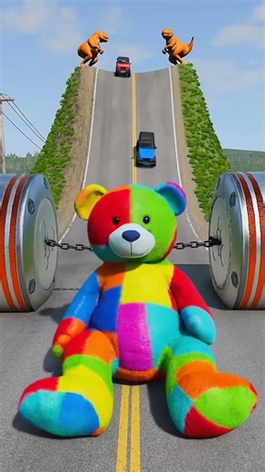 Cars & Cargo Vans vs Chained Hydraulic Bollards Crush with teddy fun in the game BeamNG.drive