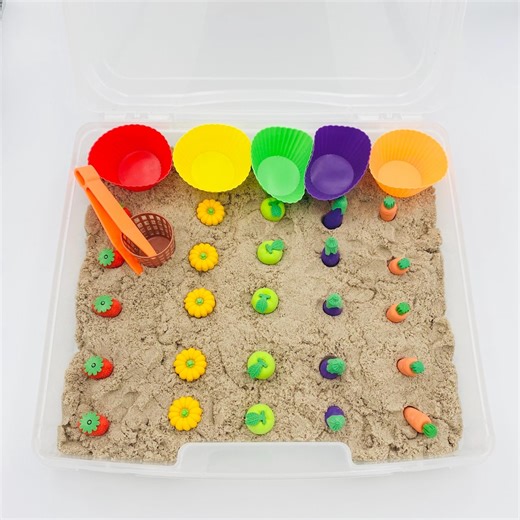 Kinetic Sand Garden Sensory Bin - Realistic Silicone Fruits & Vegetables, Tweezers, Basket - Sensory Play Kit - Etsy