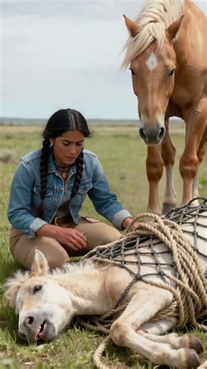 A wild mare blocks a truck, neighing for help.