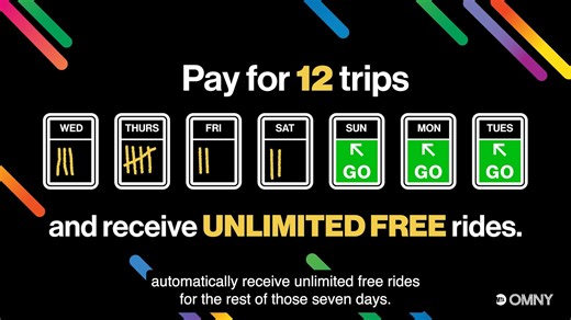 Here’s how to get free rides with OMNY: Tap the same card or device for 7 days and get unlimited free rides during that 7-day period (after 12 individual paid trips). Learn more at omny.info | Metropolitan Transportation Authority - MTA