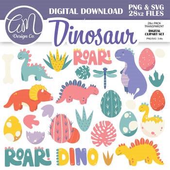 Cute Dinosaur Clipart Bundle, Prehistoric Graphics, History