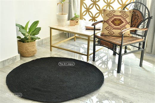 Black Hand Braided Round Rug, Rustic Home Decor, Sustainable, Bohemian Style - Etsy