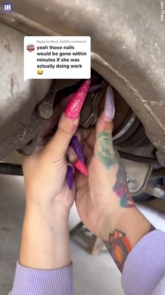 Hot female mechanic of seven years fixes cars with 3-inch long nails