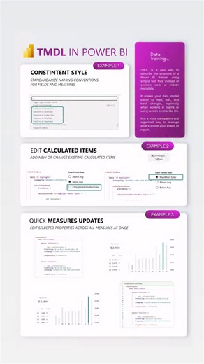 Bas Dohmen on Instagram: "✨TMDL in Power BI: 3 Practical Examples Here are three examples where TMDL adds real value: Example 1: Edit calculated items TMDL lets you add or change calculated items directly in text. This makes edits traceable and versioned. Example 2: Standardize naming Define clear naming conventions for tables, fields, and measures once. Store them in TMDL and apply consistently across the model. Example 3: Bulk-update measure properties Update selected properties like formattin