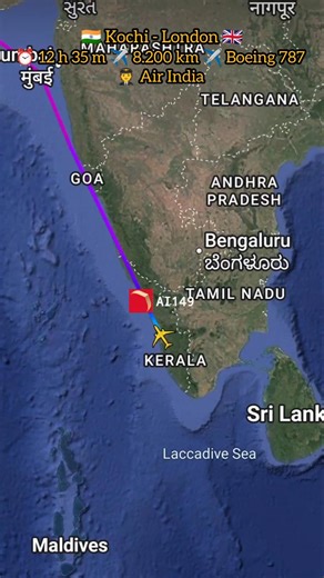 🇮🇳 Kochi to 🇬🇧 London Flight Route | Boeing 787 | Air India | Sat 29 Mar 2025 #shorts