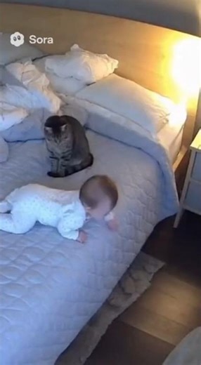 CCTV Footage: Brave Cat Saves Baby from Falling Off the Bed 😱🐾