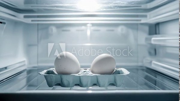 Two eggs in carton inside nearly empty refrigerator