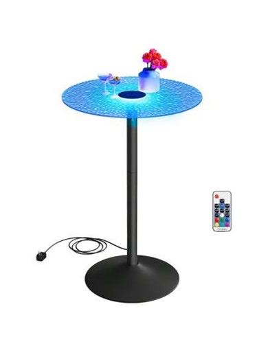 Bar Table, Round Cocktail Table With Multi-Colored Lights And Glass Top, Large Steel Base, 41.3 Inches Tall Pub Table For Kitchen, Bistro, Parties | SHEIN