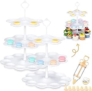 2 Pack 3 Tier Easter Deviled Egg Platter with Buttercream Decorating Tool Round Deviled Containers Detachable Easter Egg Holder for Kitchen Countertop Party