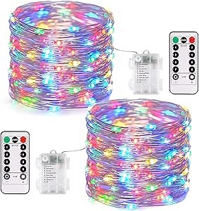 JMEXSUSS 2 Pack Multicolor Fairy Lights Battery Operated, Total 400 LED 132ft Multicolor String Lights with Remote, 8 Modes Christmas Fairy Lights for Bedroom Patio Garden Deck Christmas Decorations