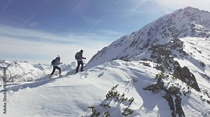 Climbers Walking Up Mountain Expedition Aerial Flight Epic Mountain Range Climb To Success Beautiful Peak Winter Vacation Exploration Adventure Hiking Tourism Concept