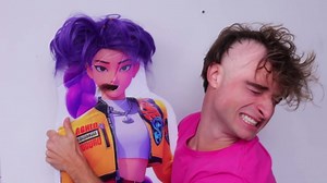 Grown man testing cartoon products