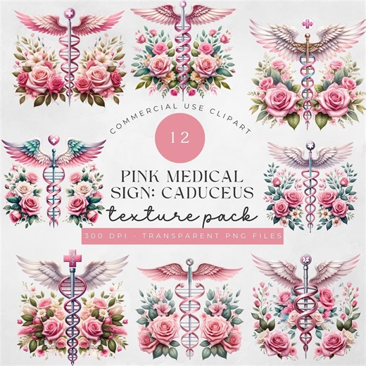 Floral Caduceus Clipart: Pink Medical PNG Bundle (digital Download) - Etsy