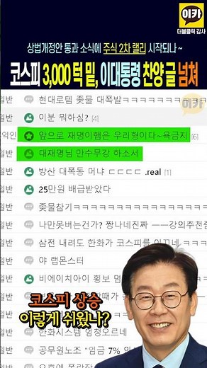 코스피 3,000 턱밑 급상승~ 코스피갤러리 이재명 대통령 찬양글 넘쳐~