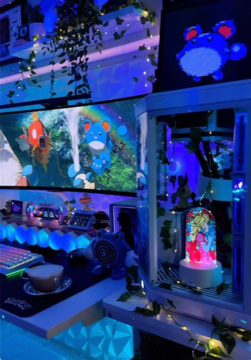 Happy almost weekend! 🌊💙 . . . #mimikyu #pokemon #pokemoncenter #gameroom #gamingsetup - Gaming Setup - Game room - Water type Pokemon - Ghost type Pokemon - Mimikyu - @Pokémon Company Int’l @Razer