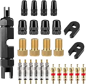 27 Pieces Bike Valve Core Remover Tool, Tubeless Bike Tire Repair Tool Valve Repair Tool Kit for Brass Presta Valve Core or Schrader Valve Caps Replacement with 3 in 1 Valve Core Remover Tool