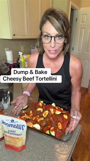 Preheat oven 375 degrees, Use 9x13 casserole dish. 20 oz packaged tortellini, 1 lb browned lean beef, 1 zucchini, 24 oz jar of marinara sauce, Shredded sharp cheddar cheese to spread on top. Cover with aluminum foil and bake 30-30 mins. So yummy and easy! #recipe