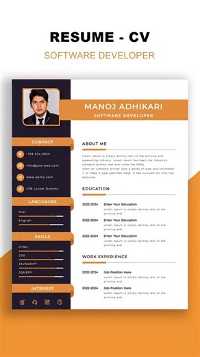 How to create the Resume CV design using HTML and CSS -- Resume Design -- CV Design short#shortsfeed | M-SoftTech