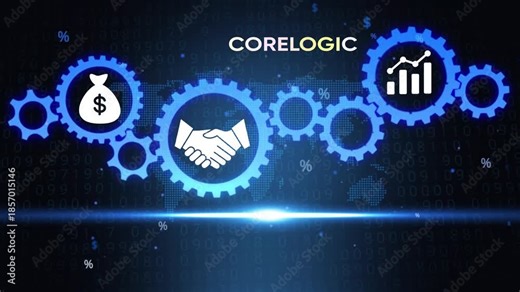 Business partnership and finance concepts with Corelogic branding on a futuristic digital background with gears and representing money, handshake, and growth chart