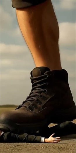 A giant wearing hiking boots stomping a tiny businessman