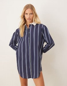 ASOS DESIGN shirt mini dress with high low curved hem in navy stripe | ASOS