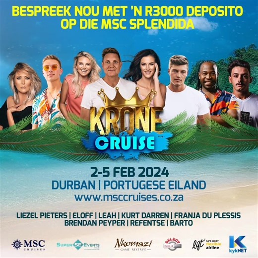 Krone Cruise 2024 🚢🎶 2-5 Februarie 2024 Kom vaar saam met die Krone Konsert kunstenaars vanaf Durban na die Portugese eiland in Mosambiek! Krone Cruise passasiers gaan vermaak word met eksklusiewe konserte, van al die beste Krone saamsing-medleys, 'n intieme ontmoet-en-groet, wêreldklas eetplekke, hope MSC Splendida-aktiwiteite, en Krone Karaoke, waar jy die kans sal kry om jou gunsteling liedjie saam met die kunstenaar te sing! Bespreek jou Krone Cruise-kajuit nou met slegs 'n R3000 deposito:
